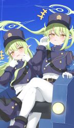 2girls armband belt blazer blue_archive blue_sky boots crop_top crop_top_overhang gloves green_hair halo hat hello-ghiblisan highres hikari_(blue_archive) jacket long_hair looking_at_viewer multiple_girls nozomi_(blue_archive) open_mouth pantyhose pointy_ears shako_cap shirt sky twintails very_long_hair white_gloves white_pantyhose white_shirt yellow_eyes