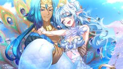 1boy 1girl absurdres blue_eyes blue_hair body_markings breasts carrying closed_mouth cloud commission dark-skinned_male dark_skin facial_mark feeshyz fins gold_collar head_fins highres horns indie_virtual_youtuber king_peaceus_(vtuber) linea_alba long_hair mermaid monster_girl multicolored_hair nekomichi_fuu one_eye_closed open_mouth peacock_feathers princess_carry scales single_horn skeb_commission sky virtual_youtuber white_horns