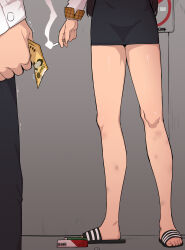 1boy 1girl absurdres black_hair bruise_on_leg cigarette cigarette_pack highres holding holding_cigarette holding_money korean_commentary lighter long_hair mangmoongming money no_smoking original pencil_skirt school_uniform skirt slippers smoke smoking trembling