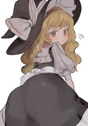 1girl apron ass black_hat black_skirt blonde_hair bow flying_sweatdrops from_behind hat hat_bow highres kirisame_marisa long_hair looking_at_viewer looking_back niru_(ka_k_0517) open_mouth puffy_short_sleeves puffy_sleeves short_sleeves signature simple_background skirt solo touhou white_apron white_background white_bow witch_hat