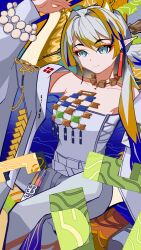 1girl arknights arm_up bare_shoulders bead_necklace beads blonde_hair breasts brooch cleavage closed_mouth collarbone dragon_girl dragon_horns earrings eastern_dragon_horns green_eyes hair_between_eyes highres horns jewelry long_hair long_sleeves medium_breasts mi_yu_214053538 necklace pointy_ears shirt shu_(arknights) sitting smile solo strapless strapless_shirt tassel tassel_earrings tube_top white_tube_top