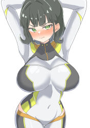 1girl absurdres arms_up black_hair blunt_bangs blush bob_cut bodysuit breasts commentary cosplay covered_navel cowboy_shot embarrassed flipped_hair green_eyes grey_bodysuit highres hip_vent huge_breasts link!_like!_love_live! long_sleeves looking_at_viewer love_live! momose_ginko nose_blush official_alternate_costume rokoroko_65 short_hair simple_background skin_tight solo standing v-shaped_eyebrows virtual_youtuber white_background