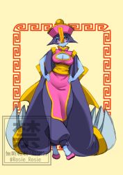 1girl blue_skin breasts chinese_clothes claws cleavage cleavage_cutout clothing_cutout colored_skin crossed_legs darkstalkers flats flipped_hair full_body hands_on_own_hips hat hsien-ko jiangshi large_breasts meandros_border ofuda purple_hair red_eyes rosie_rosie sash short_hair solo
