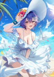 1girl alternate_costume bare_shoulders beach belle_(zenless_zone_zero) blue_hair blue_sky blurry blurry_background blush breasts cleavage collarbone commentary cowboy_shot day dress flower hair_between_eyes hair_ornament hand_up hat hat_flower highres large_breasts leaning_forward letter_hair_ornament looking_at_viewer ocean open_mouth outdoors short_hair sky smile solo wet white_dress white_hat yuna_(deadawon) zenless_zone_zero