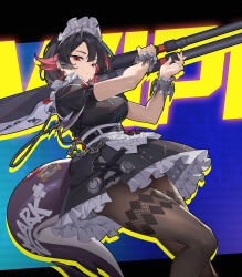 1girl a4210582001 absurdres black_dress black_hair black_pantyhose closed_mouth colored_inner_hair cowboy_shot dress ellen_joe fins fish_tail frilled_wristband hairband highres holding holding_scythe looking_at_viewer maid_headdress metal_hairband mole mole_under_eye multicolored_hair pantyhose red_eyes red_nails scythe shark_girl shark_tail spiked_headband tail zenless_zone_zero
