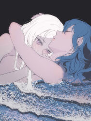 2girls b_(wldms6650) bad_link black_background blue_hair closed_eyes edelgard_von_hresvelg female_byleth_(fire_emblem) fire_emblem fire_emblem:_three_houses highres hug long_hair multiple_girls nintendo nude purple_eyes simple_background sleeping white_hair yuri