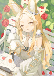 Rule 34 | 1girl, animal, animal ear fluff, animal ears, bench, bird, blonde hair, blue archive, blush, book, commentary, cross halo, detached sleeves, dress, ear wreath, extra ears, flower, flower wreath, forehead, fox ears, fox girl, gradient eyes, hair ornament, halo, highres, leaf, long hair, looking at viewer, multicolored eyes, open book, open mouth, original-orange-610917, outdoors, park bench, parted bangs, red flower, red rose, rose, seia (blue archive), sitting, sleeve bow, sleeves past fingers, sleeves past wrists, solo, tit (bird), very long hair, white bird, white dress, wide sleeves, yellow eyes, yellow halo