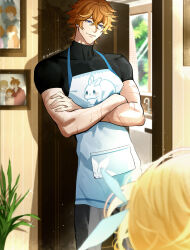 1boy 1girl alternate_costume apron black_shirt blonde_hair blue_eyes blurry blurry_background cowboy_shot crossed_arms eriimyon flower genshin_impact hair_between_eyes hair_flower hair_ornament highres indoors leaning_back looking_at_viewer male_focus orange_hair picture_frame scar scar_on_arm shirt short_hair short_sleeves smile solo_focus tartaglia_(genshin_impact) toned toned_male white_apron