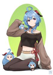 1girl absurdres ahoge alternate_costume artist_name black_choker black_pantyhose black_shirt blue_hair brown_jacket character_doll character_print choker closed_mouth commentary contemporary crop_top cropped_shirt doll english_commentary fav_faris ganyu_(genshin_impact) genshin_impact goat_horns hair_between_eyes highres horns jacket long_hair long_sleeves looking_at_viewer meta midriff navel open_clothes open_jacket pantyhose red_eyes red_horns self_character_print shirt sidelocks sitting skirt sleeves_past_fingers sleeves_past_wrists smile solo stuffed_animal stuffed_toy tassel white_background white_skirt