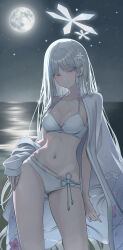 1girl 4meart0112 absurdres bikini blue_archive blush breasts closed_mouth cloud collarbone cowboy_shot flower front-tie_top full_moon grey_eyes grey_hair hair_flower hair_ornament highres jewelry long_hair long_sleeves looking_at_viewer medium_breasts moon nagusa_(blue_archive) nagusa_(swimsuit)_(blue_archive) navel night night_sky ocean open_clothes outdoors sky smile solo standing star_(sky) starry_sky swimsuit very_long_hair water white_bikini