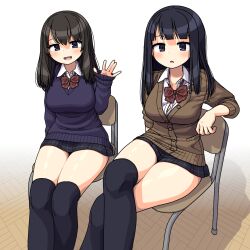 2girls :d :o black_hair blunt_bangs blush bow bowtie breasts brown_cardigan brown_hair cardigan collarbone crossed_legs fox_shadow_puppet hair_between_eyes highres large_breasts legs_together long_hair long_sleeves looking_at_viewer maruput microskirt multiple_girls on_chair open_mouth original over-kneehighs parted_lips purple_eyes purple_sweater red_bow red_bowtie school_uniform sitting skirt sleeves_past_wrists smile sweater thighhighs thighs waving ||/