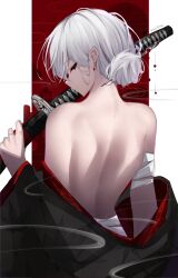 1girl absurdres bandaged_arm bandages black_kimono closed_mouth clothes_down commentary dated earrings english_commentary from_behind grey_hair hair_bun hair_ornament hair_stick half-closed_eye highres holding holding_sword holding_weapon japanese_clothes jewelry katana kimono median_furrow original profile red_eyes scabbard sheath sheathed short_hair shoulder_blades single_hair_bun solo sword upper_body voi_271 weapon