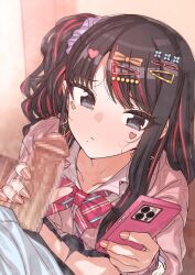 1boy 1girl black_eyes bow brown_hair cardigan cellphone censored commentary_request erere hair_bow hair_ornament hairclip handjob hetero holding holding_phone idolmaster idolmaster_shiny_colors kazano_hiori long_hair looking_at_phone mole mole_under_mouth mosaic_censoring motion_lines multicolored_hair penis phone pink_cardigan red_hair shirt solo_focus two-tone_hair upper_body white_shirt