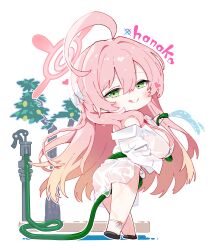 1girl :q absurdres ahoge bikini bikini_under_clothes blue_archive bow braid breasts character_name chibi full_body green_eyes hair_between_eyes hair_bow halo hanako_(blue_archive) hanako_(swimsuit)_(blue_archive) highres holding holding_hose hose kou_mashiro large_breasts looking_at_viewer official_alternate_costume pink_hair pink_halo see-through_clothes see-through_shirt shirt simple_background single_braid solo standing swimsuit tongue tongue_out water wet wet_clothes wet_shirt white_background white_shirt