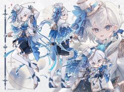 1boy anchor_(symbol) belt blue_theme bow cape chibi earrings electricity fang fur_collar gloves hat high_heels highres jewelry lightning multiple_views namiki_itsuki original purple_eyes reference_sheet ribbon short_hair shorts signature skirt solo star_(symbol) star_earrings sword tassel thighhighs top_hat vest waistcoat watermark weapon white_hair