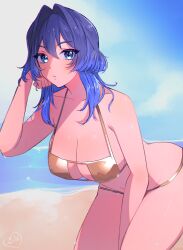 1girl absurdres bare_arms bare_legs bare_shoulders beach bikini blue_eyes blue_hair breasts collarbone commentary day english_commentary gold_bikini hair_between_eyes hair_intakes hand_in_own_hair hand_up highres hololive hololive_english kokomi_(aniesuakkaman) large_breasts leaning_forward long_hair looking_at_viewer ouro_kronii outdoors solo swimsuit virtual_youtuber