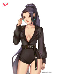 absurdres breasts earrings formal_clothes highres jewelry kazydraws light_smile medium_breasts revealing_clothes sage_(valorant) suit valorant
