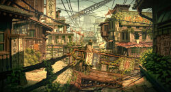 1boy air_conditioner bridge brown_robe building day fedora hat highres original oukayu outdoors pedestrian_bridge power_lines robe scenery solo urban