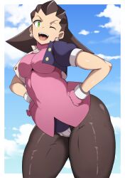 1girl ;d blue_sky breasts brown_pantyhose cloud codpiece cowboy_shot cropped_jacket crotch_plate curvy dress earrings gloves green_eyes hair_pulled_back hair_slicked_back hairband hands_on_own_hips highres jewelry medium_breasts mega_man_(series) mega_man_legends_(series) one_eye_closed open_mouth oryutoo pantyhose pink_dress pink_gloves pink_hairband skull_earrings sky smile solo teeth the_misadventures_of_tron_bonne thick_thighs thighs tron_bonne_(mega_man) upper_teeth_only wide_hips