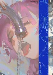 1girl absurdres bocchi_the_rock! closed_eyes commentary_request copyright_name faucet highres hiroi_kikuri open_mouth purple_hair solo teeth tongue tongue_out water yaungpeng