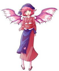1girl alphes_(style) animal_ears apron arms_behind_back bird_ears bird_wings blue_apron brown_kimono brown_sandals commentary_request dairi earrings full_body hat highres japanese_clothes jewelry kimono large_variant_set mystia_lorelei obi okamisty parody pink_hair sandals sash short_hair socks solo standing style_parody tachi-e tasuki touhou transparent_background variant_set white_socks wings