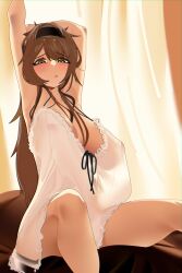 1girl absurdres armpits arms_up bare_shoulders black_headband blush breasts brown_hair closed_mouth collarbone commentary english_commentary green_eyes halterneck headband highres indoors large_breasts lips long_hair looking_at_viewer naxius_noxy night_clothes nipples original see-through_clothes solo