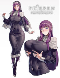 Rule 34 | 1girl, black boots, black dress, boots, breasts, celyn404, covered navel, cowboy shot, dress, fern (sousou no frieren), highres, large breasts, long hair, long sleeves, looking at viewer, matching hair/eyes, nun, purple eyes, purple hair, simple background, skin tight, sousou no frieren, standing, veil, white background