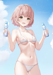 1girl bikini blush bottle breasts brown_hair ca_paria covered_erect_nipples holding holding_bottle idolmaster idolmaster_shiny_colors ikuta_haruki looking_at_viewer medium_breasts navel nipples outdoors ramune see-through_bikini see-through_clothes short_hair smile solo swimsuit white_bikini yellow_eyes