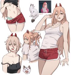 Rule 34 | absurdres, black camisole, breasts, camisole, cat, chainsaw man, cleavage, clothes pull, commentary, dashi (dashiart), dolphin shorts, highres, horns, long hair, meowy (chainsaw man), multiple views, navel, open mouth, orange hair, panties, power (chainsaw man), red horns, red shorts, screenshot inset, shorts, shorts pull, simple background, small breasts, stomach, strap slip, symbol-only commentary, thighs, underwear, very long hair, white background, white camisole, white cat, white panties, yellow eyes