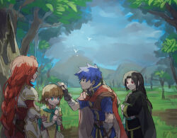 2boys 2girls armor black_hair blue_eyes blue_hair book commentary_request facial_mark fire_emblem fire_emblem:_path_of_radiance forehead_mark headband highres holding holding_book ike_(fire_emblem) kometubu0712 long_braid long_hair mist_(fire_emblem) multiple_boys multiple_girls nintendo outdoors red_eyes red_hair short_hair soren_(fire_emblem) titania_(fire_emblem) tree