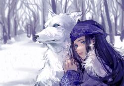 1girl ainu ainu_clothes animal asirpa bare_tree black_hair blue_eyes blurry blurry_background cape commentary earrings elicooc eyelashes forest fur_cape glint golden_kamuy highres hoop_earrings jewelry leaning_on_animal lips long_hair long_sleeves nature nose outdoors purple_bandana snow tree winter wolf