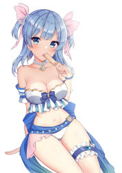 1girl absurdres back_bow bare_shoulders bead_bracelet bead_choker beads bikini blue_bow blue_bowtie blue_eyes blue_gemstone blue_hair blue_sleeves blunt_bangs bow bowtie bracelet breasts cleavage collarbone commentary_request cowboy_shot detached_sleeves dot_nose eating expressionless eyelashes food frilled_bikini frilled_thigh_strap frills gem hair_beads hair_bow hair_ornament hand_on_ground highres holding holding_food holding_popsicle invisible_chair jewelry large_bow large_breasts light_blush long_hair looking_at_viewer magia_record:_mahou_shoujo_madoka_magica_gaiden mahou_shoujo_madoka_magica minami_rena minami_rena_(swimsuit_ver.) mochiko_(uyu_omochi) musical_note navel official_alternate_costume open_mouth pink_bow popsicle shell shell_choker short_sleeves simple_background sitting solo stomach strapless strapless_bikini swimsuit thigh_strap thighs two-tone_sleeves two_side_up white_background white_bikini white_sleeves