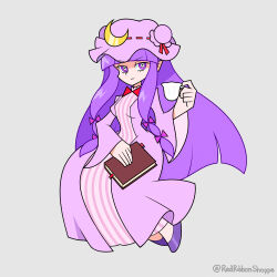 1girl blunt_bangs book crescent crescent_hat_ornament cup dress hat hat_ornament highres holding holding_book holding_cup long_hair mob_cap patchouli_knowledge purple_dress purple_eyes purple_hair rabbitfolly solo touhou wide_sleeves