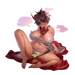 1girl black_hair blush breasts breasts_apart budget_sarashi collarbone colored_smoke commentary_request dark-skinned_female dark_skin demon_horns dildo_under_mask eyeshadow fangs floral_print flower fundoshi hair_flower hair_ornament highres horns huge_breasts japanese_clothes kimono korean_commentary last_origin licking looking_at_viewer makeup mask melt_(last_origin) mouth_mask nail_polish navel non-web_source official_alternate_costume official_art oni_mask open_mouth pink_eyes red_eyeshadow red_flower red_horns red_kimono red_nails ren._(ren.ko) saliva sarashi sex_toy short_hair simple_background sitting smoke solo spread_legs steaming_body tachi-e tattoo teeth toenail_polish toenails tongue transparent_background undone_sarashi unworn_kimono upper_teeth_only wet yellow_flower