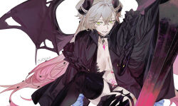 1girl absurdres black_jacket black_panties boots breasts commentary demon_wings fate/grand_order fate_(series) green_eyes grey_hair highres horns jacket lilith_(fate) long_hair navel panties pubic_tattoo smile solo tattoo thigh_boots underwear white_background wings wo_do