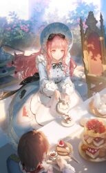 1boy 1girl ace_(playing_card) ace_of_hearts ace_of_spades alice&#039;s_teaspoon_(shining_nikki) apron artist_request black_bow black_ribbon blue_bonnet blue_coat blue_dress blueberry bonnet bow brown_eyes brown_hair bush buttons cake cake_slice card chair checkered_floor classic_lolita clock_print closed_mouth coat collar collared_coat cup day dot_nose dress flower food fork formal_clothes frilled_apron frilled_collar frilled_headwear frilled_sleeves frills fruit game_cg hair_bow happy heart highres holding holding_cup holding_teapot lace lace-trimmed_dress lace_trim lolita_fashion long_dress long_sleeves looking_ahead multicolored_buttons multiple_hair_bows neck_ribbon nikki_(nikki) nikki_(series) official_art outdoors pink_flower pink_rose plate playing_card playing_card_print pleated_dress pouring puffy_long_sleeves puffy_sleeves ribbon rose rose_bush saucer shade shining_nikki short_hair sidelocks smile solo_focus spade_(shape) standing strawberry tea tea_party teacup teapot wavy_hair white_apron