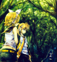 1boy 2girls absurdres blonde_hair forest hatsune_miku headphones highres kagamine_len kagamine_rin long_hair multiple_girls nature onineko siblings twins very_long_hair vocaloid