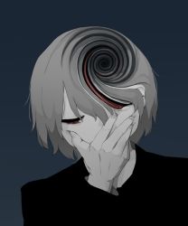 1boy avogado6 black_shirt blue_background commentary_request covered_mouth fingernails grey_hair grey_nails hand_to_own_mouth hand_up highres long_sleeves looking_down male_focus nail_polish original red_eyes shirt short_hair simple_background solo spiral @_@ upper_body