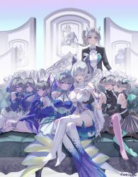 6+girls absurdres apron arianna_the_labrynth_servant arianne_the_labrynth_servant arias_the_labrynth_butler arm_fins bare_shoulders black_gloves blush breasts cleavage closed_mouth collarbone demon_girl demon_horns demon_tail demon_wings detached_collar detached_sleeves dress drill_hair duel_monster earrings fins fish_girl frilled_apron frilled_sleeves frills gloves green_eyes green_pantyhose grey_corset grey_hair hair_between_eyes hair_ornament hair_over_one_eye hand_on_another&#039;s_chin hand_on_breasts head_fins highres horns jewelry kitkallos_(yu-gi-oh!) large_breasts long_hair long_sleeves looking_at_viewer lovely_labrynth_of_the_silver_castle maid maid_apron maid_headdress monocle multiple_girls one_eye_closed open_mouth pantyhose pink_eyes pink_pantyhose pointy_ears rare_lemon short_hair sitting skirt sleeveless sleeves_past_wrists smile tail tearlaments_havnis tearlaments_kitkallos tearlaments_merrli tearlaments_scheiren thighhighs twin_drills twintails white_dress white_eyes white_gloves white_hair white_skirt white_thighhighs white_tiara wings yellow_eyes yu-gi-oh! yuri