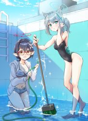 2girls animal_ear_fluff animal_ears ayane_(blue_archive) ayane_(swimsuit)_(blue_archive) bare_arms bare_legs barefoot bikini black_hair black_one-piece_swimsuit blue_archive blue_eyes blue_halo blue_sky blush breasts bright_pupils cleaning cleavage commentary_request competition_swimsuit covered_navel cross_hair_ornament crossed_bangs curvy day empty_pool eyelashes full_body glasses grey_hair groin hair_between_eyes hair_intakes hair_ornament halo hand_up highleg highleg_swimsuit highres holding holding_hose hose jacket kneeling leaning_forward long_sleeves looking_at_viewer medium_breasts medium_hair micro_shorts mismatched_pupils mop multiple_girls navel one-piece_swimsuit open_clothes open_jacket open_mouth outdoors paid_reward_available parted_lips pointy_ears ponytail pool red-framed_eyewear red_halo shiroko_(blue_archive) shiroko_(swimsuit)_(blue_archive) short_hair short_ponytail shorts sky sparkle standing striped_bikini striped_clothes swimsuit tiptoes tucking_hair usami_(50-point_caliper) water white_jacket white_pupils wolf_ears yellow_eyes