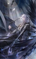 Rule 34 | 1boy, angel wings, artist request, belt, belt buckle, black belt, black coat, black pants, black wings, blue eyes, broken, broken chain, buckle, chain, clean, coat, collared shirt, dress pants, expressionless, feather-trimmed sleeves, feathered wings, feathers, feet out of frame, game cg, hair between eyes, high collar, highres, holding, holding chain, indoors, lens flare, leonid (shining nikki), light frown, light particles, light rays, long hair, long sleeves, male focus, marking on cheek, nikki (series), official art, open clothes, open coat, pants, ruins, shining nikki, shirt, sleeves past wrists, soles, solo, spread wings, underground, white hair, white shirt, wings
