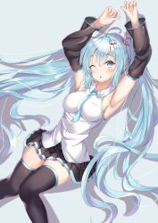 1girl absurdres ahoge aqua_eyes aqua_hair aqua_necktie armpits arms_up black_skirt black_thighhighs blush breasts detached_sleeves eternal1223 hair_between_eyes hair_ornament hatsune_miku highres long_hair long_sleeves medium_breasts miniskirt necktie one_eye_closed open_mouth shirt skirt sleeveless sleeveless_shirt solo thighhighs twintails very_long_hair vocaloid zettai_ryouiki
