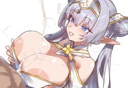 1boy 1girl absurdres blue_eyes breasts britomart_(fate) britomart_(second_ascension)_(fate) cum double_bun ebora ejaculation fate/grand_order fate_(series) grey_hair grin hair_bun hairband hetero highres huge_breasts large_areolae long_hair metal_hairband nipple_slip nipples non-web_source paizuri parted_lips pointy_ears smile twintails white_background