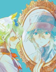 Rule 34 | 1boy, aqua eyes, ascot, baseball cap, black undershirt, blue background, closed eyes, closed mouth, collared shirt, green hair, hair between eyes, hat, highres, jacket, long hair, looking at another, looking at mirror, male focus, mirror, multiple views, n (anniversary 2021) (pokemon), n (pokemon), nintendo, official alternate costume, pokemon, pokemon bw, pokemon masters ex, reflection, shirt, simple background, smile, upper body, white ascot, white jacket, zero (sleepy meltan)