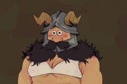 1boy bara beard blush bra brown_hair chest_sarashi covered_erect_nipples derivative_work dungeon_meshi dwarf facial_hair fake_horns fat fat_man helmet highres horned_helmet horns long_beard male_focus mustache pectoral_cleavage pectorals sanpaku sarashi screenshot_redraw senshi_(dungeon_meshi) sharkflan solo thick_mustache underpec underwear upper_body very_long_beard