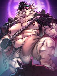 2boys abs animal_ears bara biceps black_gloves black_hat black_jacket boxers bulge commentary covered_testicles dislyte earrings english_commentary furry furry_male gloves hat highres holding holding_whip jacket jewelry jin_qiu_(ru_shou)_(dislyte) leather leather_gloves leather_jacket male_focus male_underwear multiple_boys muscular muscular_male navel nipple_piercing nipples pectorals piercing stepped_on sunglasses tail tiger tiger_boy tiger_ears tiger_stripes tiger_tail underwear vorusu white_fur white_male_underwear white_tiger
