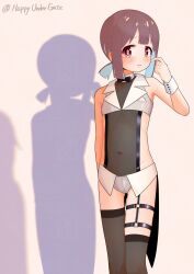 1girl alternate_costume arm_at_side arm_up artist_name asymmetrical_legwear bare_arms bare_shoulders black_bow black_bowtie black_thighhighs blue_hair blunt_bangs blush bow bowtie brown_hair commentary embarrassed flat_chest groin happyundergate highres hozuki_momiji looking_at_viewer multicolored_hair navel o-ring o-ring_thigh_strap onii-chan_wa_oshimai! ponytail red_eyes scratching_cheek see-through_clothes shadow short_hair short_ponytail simple_background solo thigh_gap thigh_strap thighhighs twitter_username two-tone_hair uneven_legwear wrist_cuffs