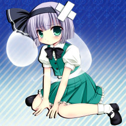 1girl asazuki_kanai bandages blue_eyes blush female_focus ghost hairband highres kanai_amachi konpaku_youmu konpaku_youmu_(ghost) mary_janes shoes short_hair silver_hair sitting solo touhou wariza