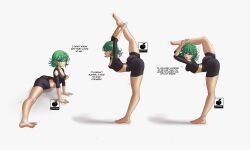 1girl absurdres anger_vein anklet arched_back arm_support ass barefoot blush breasts cleavage earrings female_focus flexible full_body green_eyes green_hair highres jewelry leg_up linkartoon looking_at_viewer matching_hair/eyes one-punch_man short_hair skin_tight small_breasts solo spread_legs stretching sweatdrop tatsumaki toes yoga