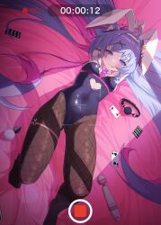 1girl :q animal_ears black_pantyhose blue_leotard blush bow bowtie breasts card closed_mouth clothing_cutout commentary_request covered_navel fake_animal_ears fishnets gag hatsune_miku heart_cutout highres hitachi_magic_wand ko_otori127 leotard long_hair medium_breasts pantyhose pink_bow pink_bowtie playboy_bunny playing_card purple_eyes purple_hair rabbit_ears rabbit_hole_(vocaloid) rabbit_tail recording restrained sex_toy solo tail tail_removed thigh_strap tongue tongue_out twintails unworn_gag vibrator vocaloid